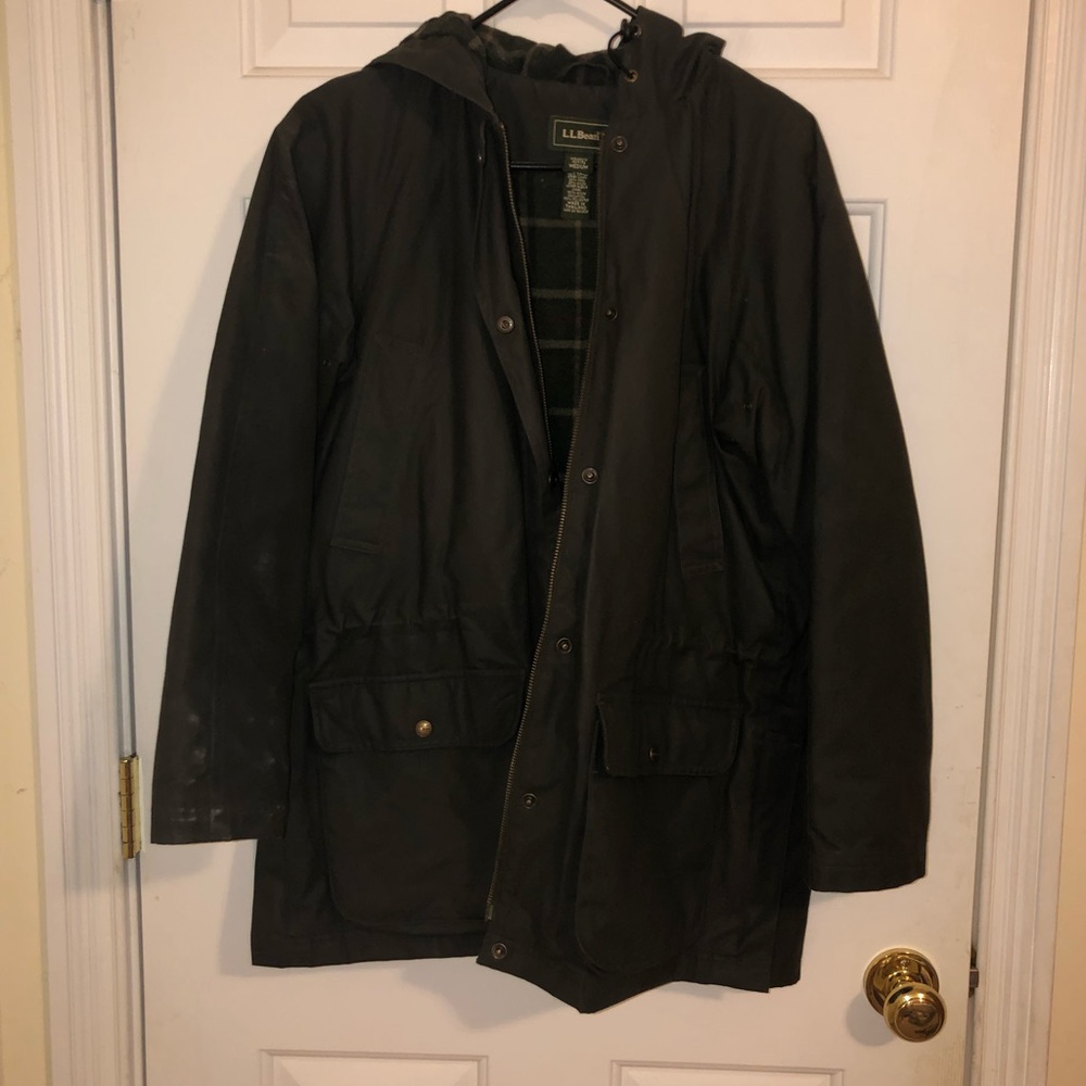 L.L. Beam rain coat. Hunter green flannel lined